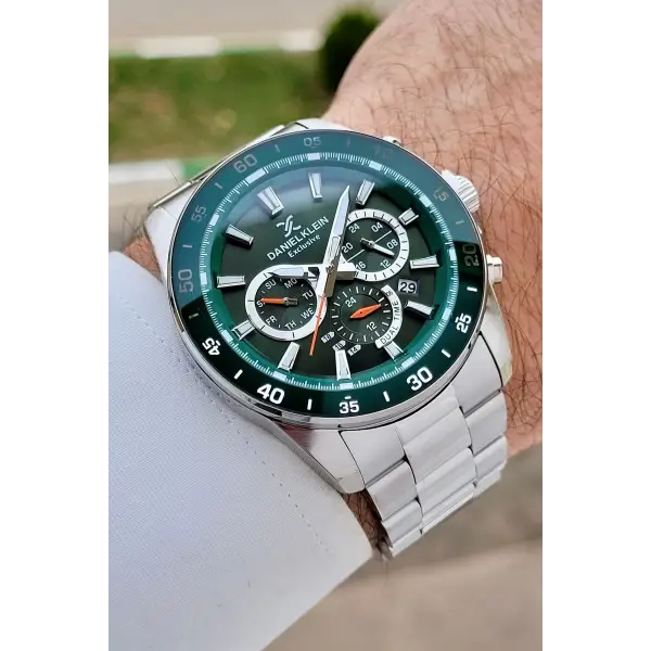 Daniel Klein DKISTE1525 Kasası Yeşil Kordonu Gümüş Renk 44 mm Erkek Kol Saati
