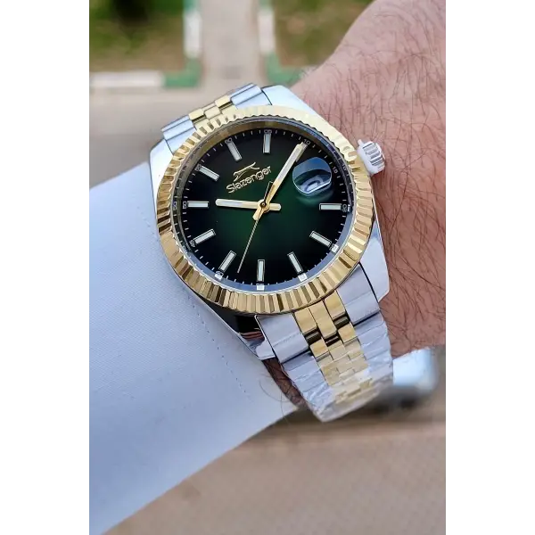 Slazenger SLISTE24 Kadranı Yeşil  Kordonu Gold Gümüş Renk Erkek Kol Saati