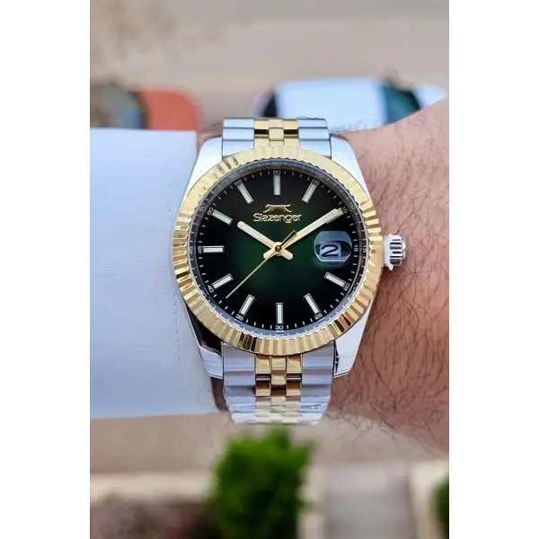 Slazenger SLISTE24 Kadranı Yeşil  Kordonu Gold Gümüş Renk Erkek Kol Saati