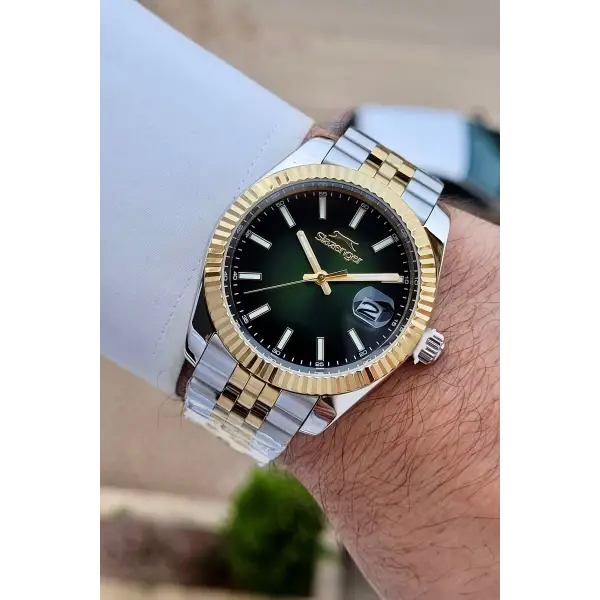 Slazenger SLISTE24 Kadranı Yeşil  Kordonu Gold Gümüş Renk Erkek Kol Saati