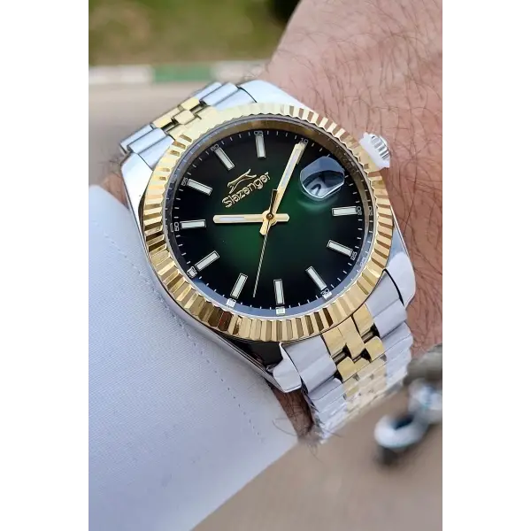 Slazenger SLISTE24 Kadranı Yeşil  Kordonu Gold Gümüş Renk Erkek Kol Saati