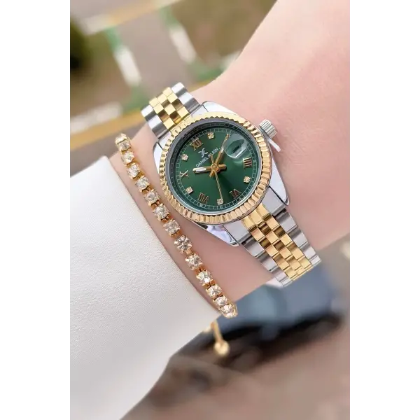 Daniel Klein DKISTE1580 Kadranı Yeşil Kordonu Gold Gümüş Renk 28 mm Kadın Kol Saati ve Bielklik