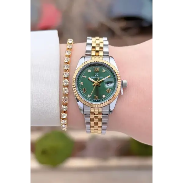 Daniel Klein DKISTE1580 Kadranı Yeşil Kordonu Gold Gümüş Renk 28 mm Kadın Kol Saati ve Bielklik