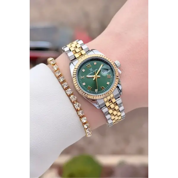 Daniel Klein DKISTE1580 Kadranı Yeşil Kordonu Gold Gümüş Renk 28 mm Kadın Kol Saati ve Bielklik