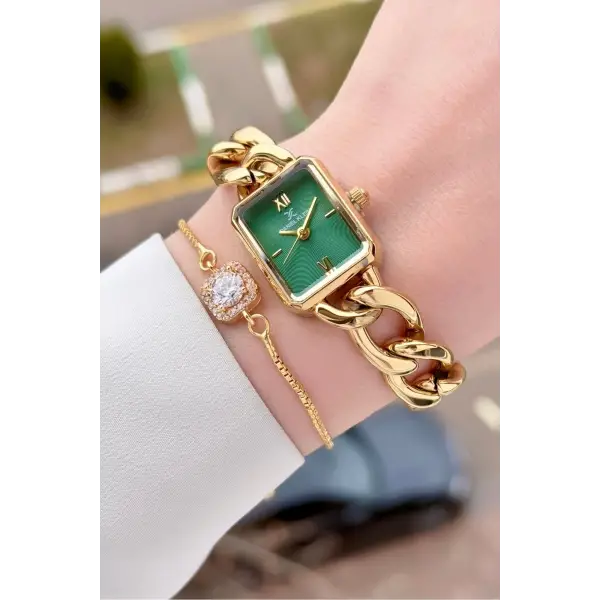 Daniel Klein DKISTE1590 Kadranı Yeşil  Kordonu Gold Renk Kadın Kol Saati ve Bielklik