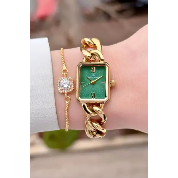 Daniel Klein DKISTE1590 Kadranı Yeşil  Kordonu Gold Renk Kadın Kol Saati ve Bielklik