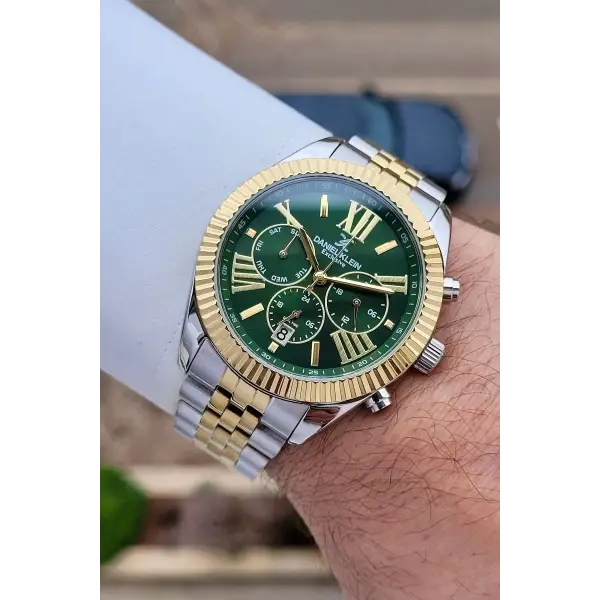 Daniel Klein DKISTE1602 Kadranı Yeşil  Kordonu Gold Gümüş Renk 42 mm Erkek Kol Saati