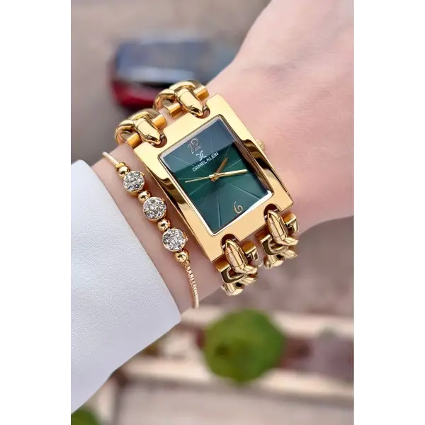 Daniel Klein DKISTE1582 Kadranı Yeşil  Kordonu Gold Renk Kadın Kol Saati ve Bielklik