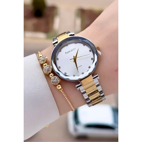 Gold Gümüş Renk 33 mm Kadın Kol Saati ve Bileklik