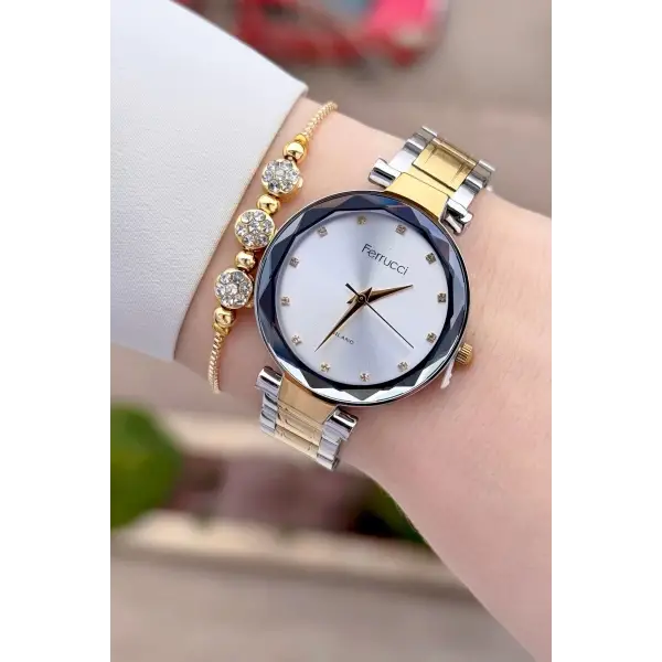 Gold Gümüş Renk 33 mm Kadın Kol Saati ve Bileklik