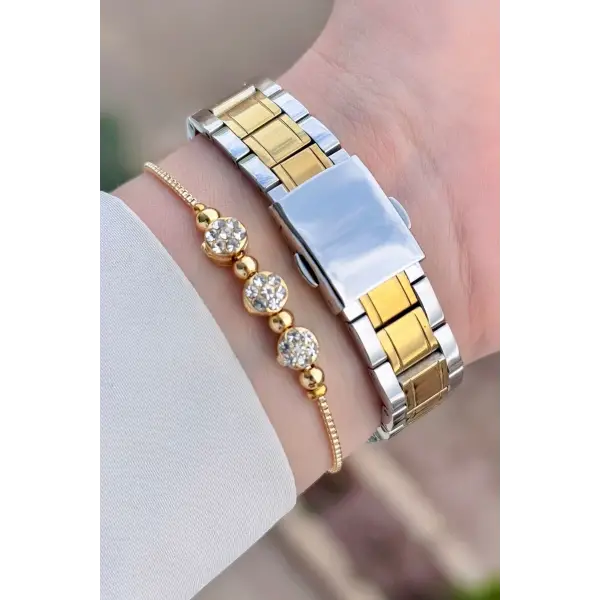 Gold Gümüş Renk 33 mm Kadın Kol Saati ve Bileklik