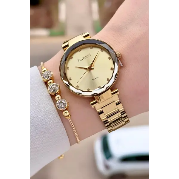 Gold Renk 33 mm Kadın Kol Saati ve Bileklik