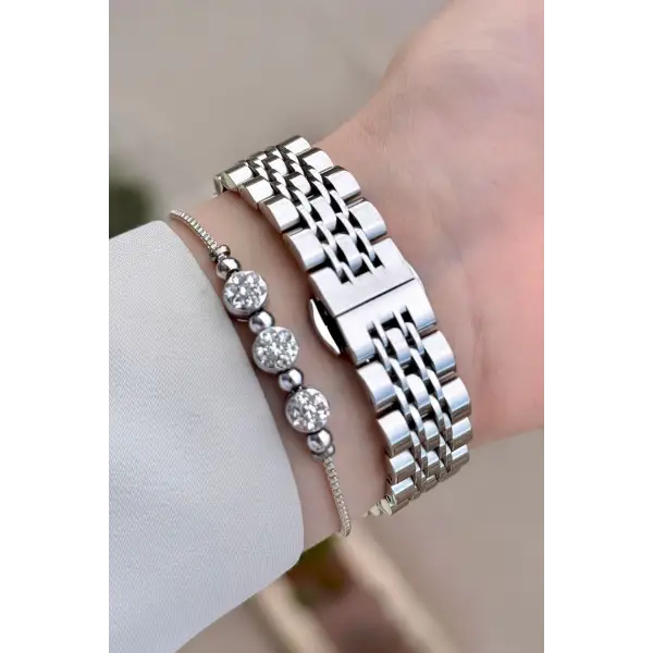 Gümüş Renk 32 Mm Kadın Kol Saati Ve Bileklik