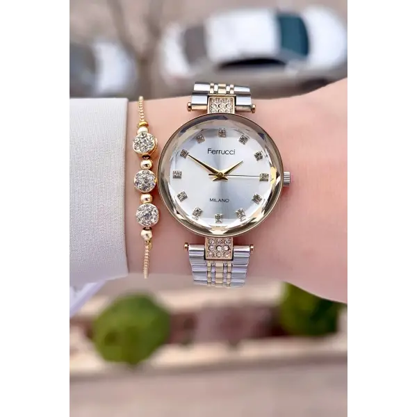 Gold Gümüş Renk 32 Mm Kadın Kol Saati Ve Bileklik