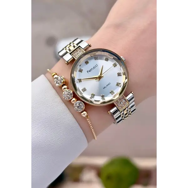 Gold Gümüş Renk 32 Mm Kadın Kol Saati Ve Bileklik