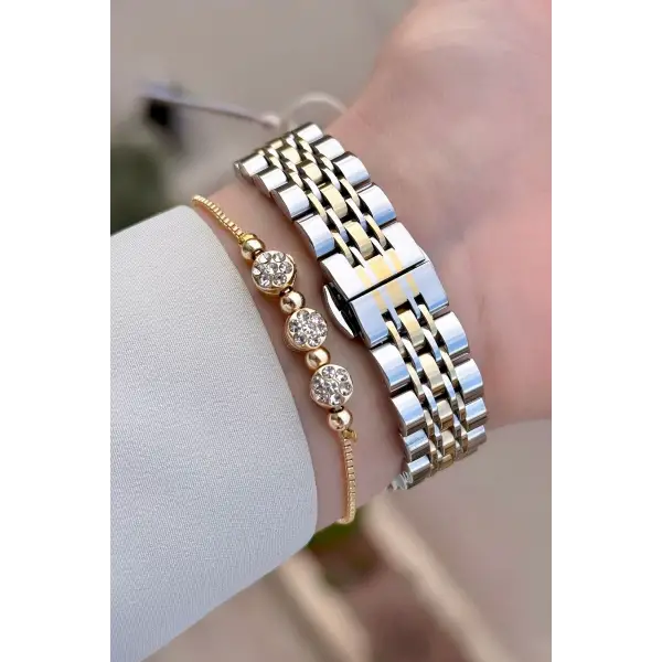 Gold Gümüş Renk 32 Mm Kadın Kol Saati Ve Bileklik