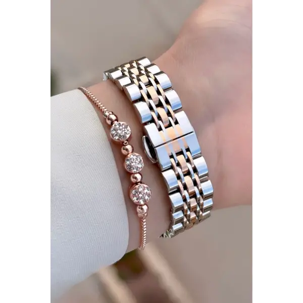 Rose Gümüş Renk 32 Mm Kadın Kol Saati Ve Bileklik