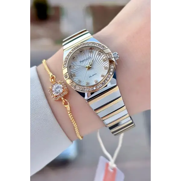 Gold Gümüş Renk 28 Mm Kadın Kol Saati Ve Bileklik