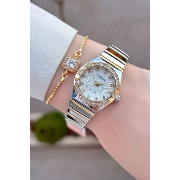 Gold Gümüş Renk 28 Mm Kadın Kol Saati Ve Bileklik