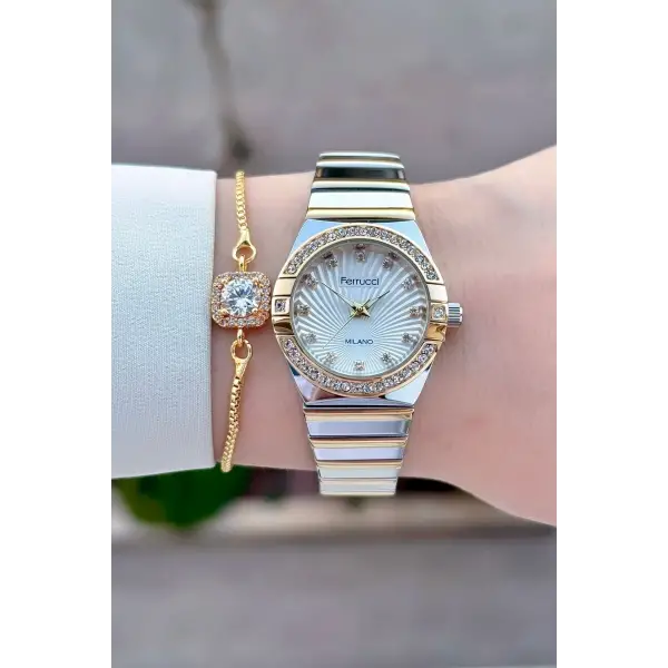 Gold Gümüş Renk 28 Mm Kadın Kol Saati Ve Bileklik