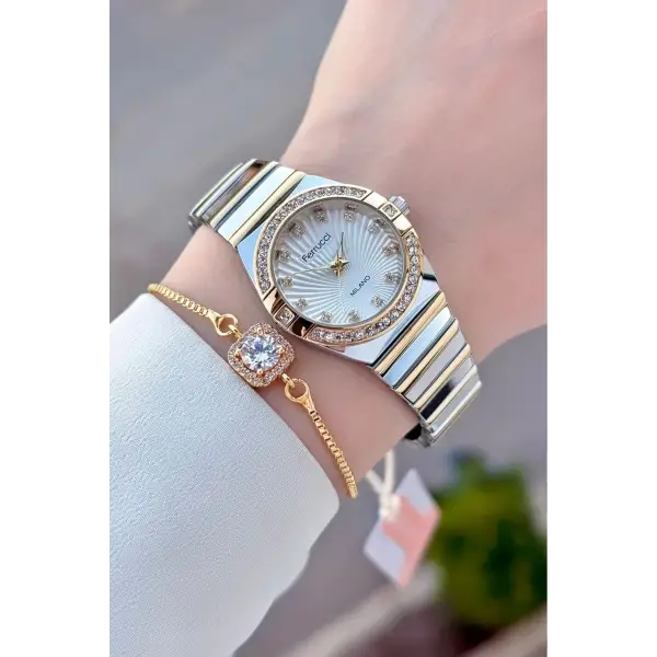 Gold Gümüş Renk 28 Mm Kadın Kol Saati Ve Bileklik