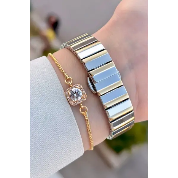 Gold Gümüş Renk 28 Mm Kadın Kol Saati Ve Bileklik
