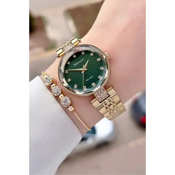 Kadranı Yeşil Kordonu Gold Renk 32 Mm Kadın Kol Saati Ve Bileklik