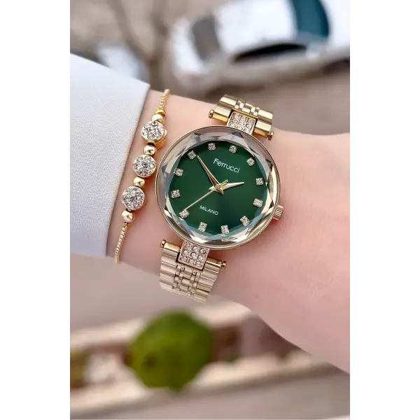 Kadranı Yeşil Kordonu Gold Renk 32 Mm Kadın Kol Saati Ve Bileklik