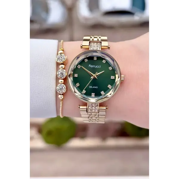 Kadranı Yeşil Kordonu Gold Renk 32 Mm Kadın Kol Saati Ve Bileklik