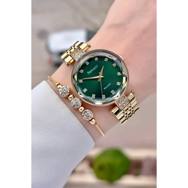 Kadranı Yeşil Kordonu Gold Renk 32 Mm Kadın Kol Saati Ve Bileklik