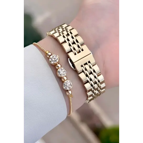 Kadranı Yeşil Kordonu Gold Renk 32 Mm Kadın Kol Saati Ve Bileklik