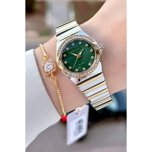 Kadranı Yeşil Gold Gümüş Renk 28 Mm Kadın Kol Saati Ve Bileklik