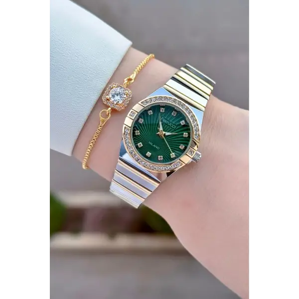 Kadranı Yeşil Gold Gümüş Renk 28 Mm Kadın Kol Saati Ve Bileklik