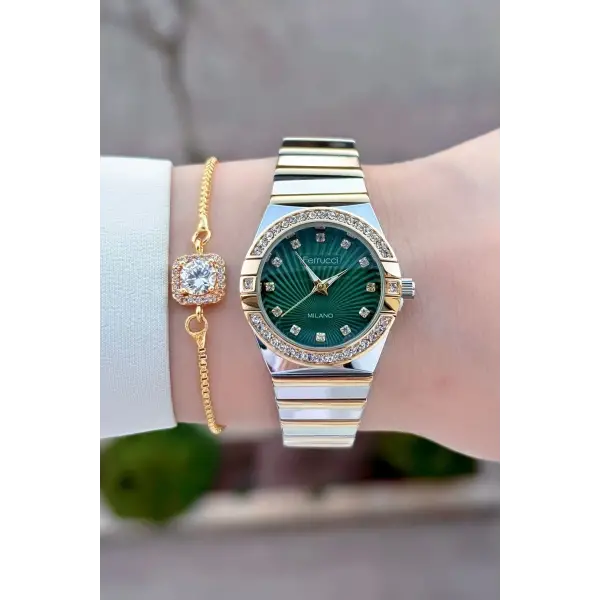 Kadranı Yeşil Gold Gümüş Renk 28 Mm Kadın Kol Saati Ve Bileklik