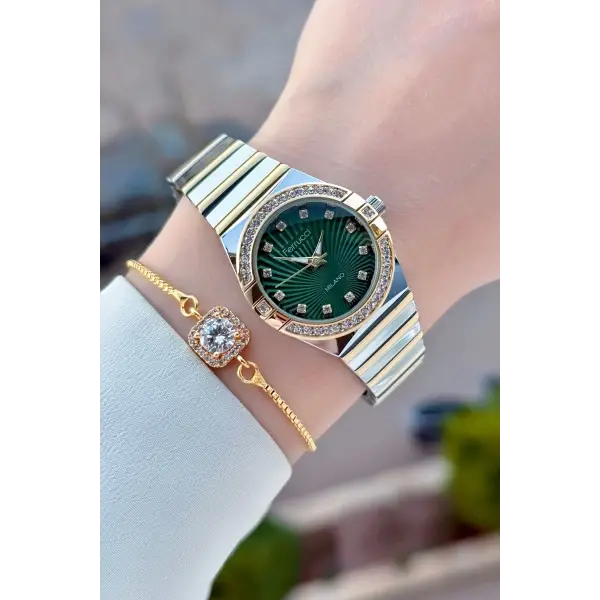 Kadranı Yeşil Gold Gümüş Renk 28 Mm Kadın Kol Saati Ve Bileklik