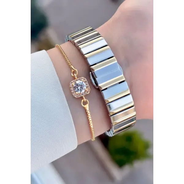 Kadranı Yeşil Gold Gümüş Renk 28 Mm Kadın Kol Saati Ve Bileklik