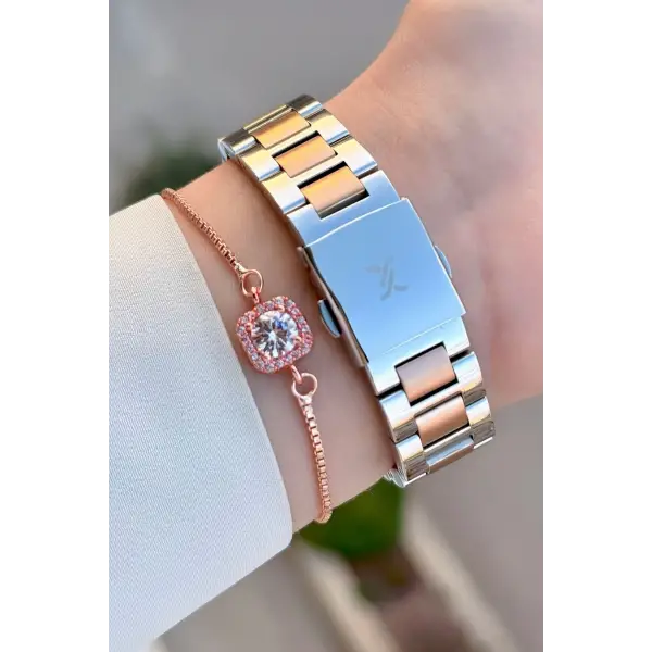 Rose Gümüş Renk Kadın Kol Saati Ve Bielklik