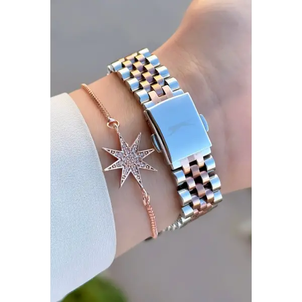 Rose Gümüş Renk Kadın Kol Saati Ve Bileklik