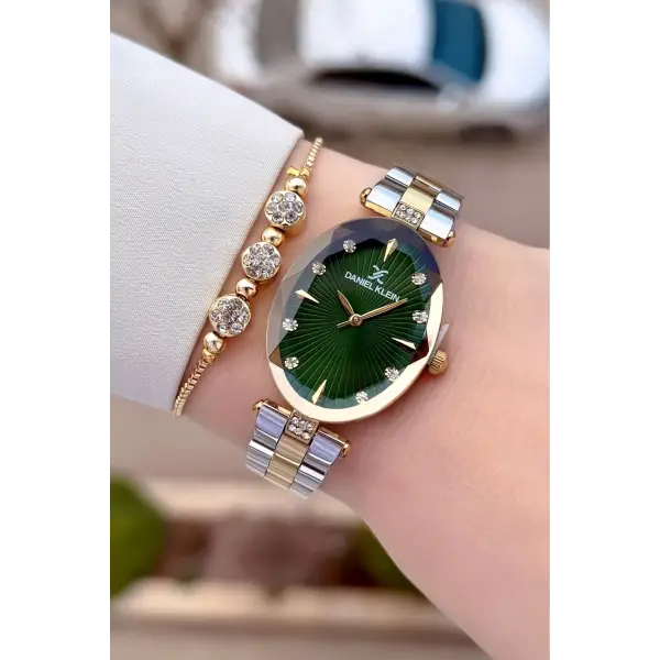 Kadranı Yeşil Kordonu Gold Gümüş Renk Kadın Kol Saati Ve Bileklik
