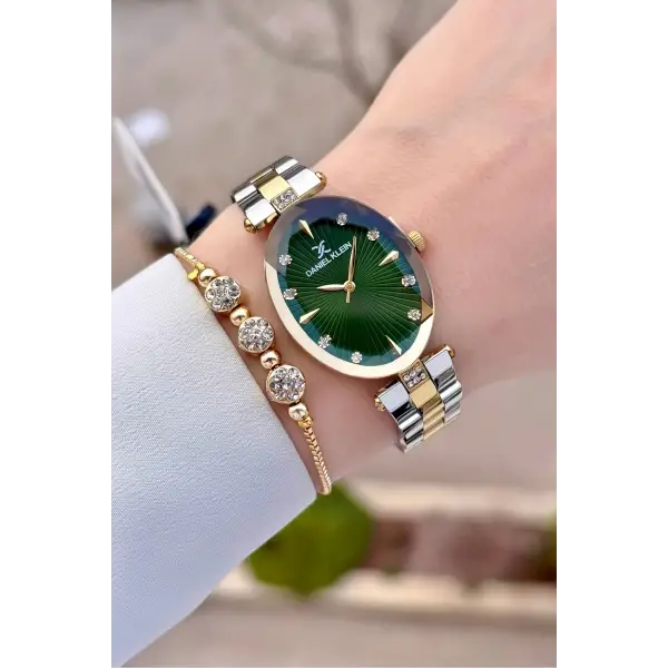 Kadranı Yeşil Kordonu Gold Gümüş Renk Kadın Kol Saati Ve Bileklik