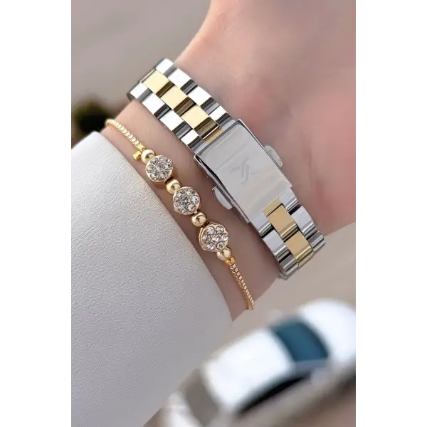 Kadranı Yeşil Kordonu Gold Gümüş Renk Kadın Kol Saati Ve Bileklik