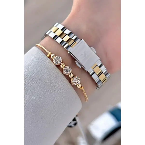 Gold Gümüş Renk Kadın Kol Saati Ve Bileklik