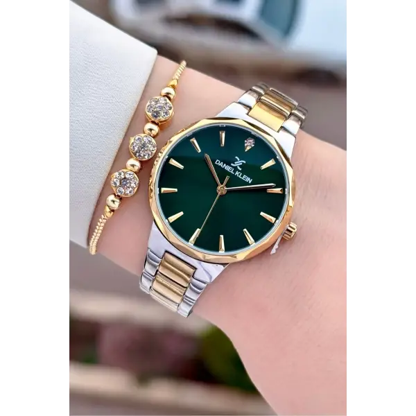 Kadranı Yeşil Kordonu Gold Gümüş Renk Kadın Kol Saati Ve Bileklik