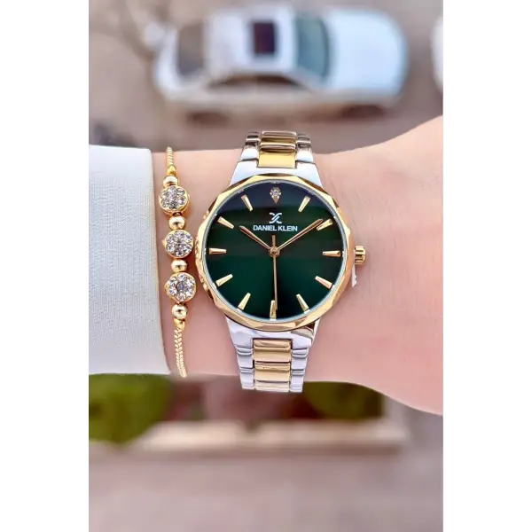 Kadranı Yeşil Kordonu Gold Gümüş Renk Kadın Kol Saati Ve Bileklik