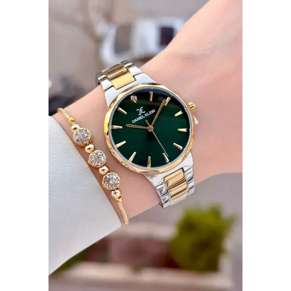 Kadranı Yeşil Kordonu Gold Gümüş Renk Kadın Kol Saati Ve Bileklik