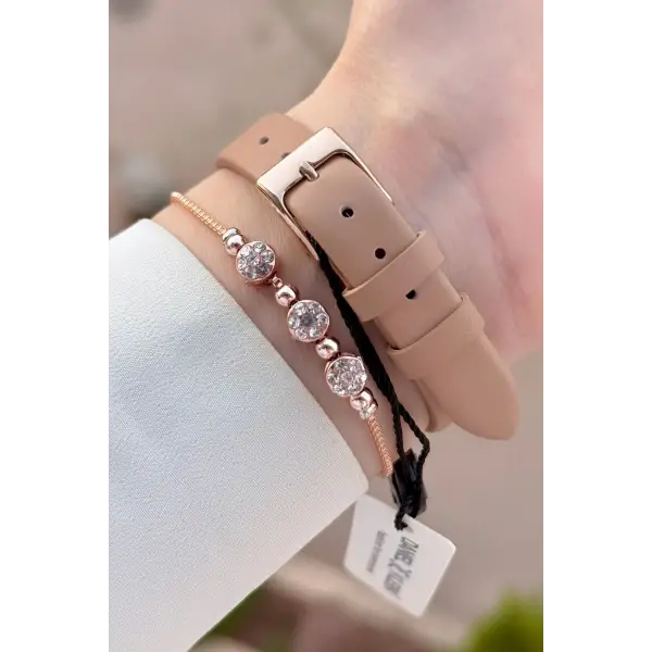 Kasası Rose Kordonu Vizon Renk Kadın Kol Saati Ve Bileklik