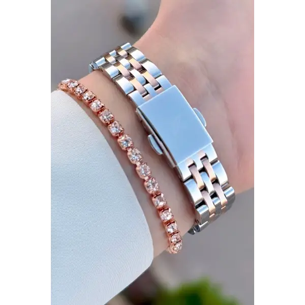 Rose Gümüş Renk Kadın Kol Saati Ve Bileklik