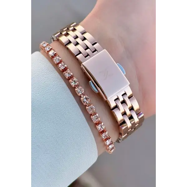 Kadranı Mavi Kordonu Rose Renk Kadın Kol Saati Ve Bileklik