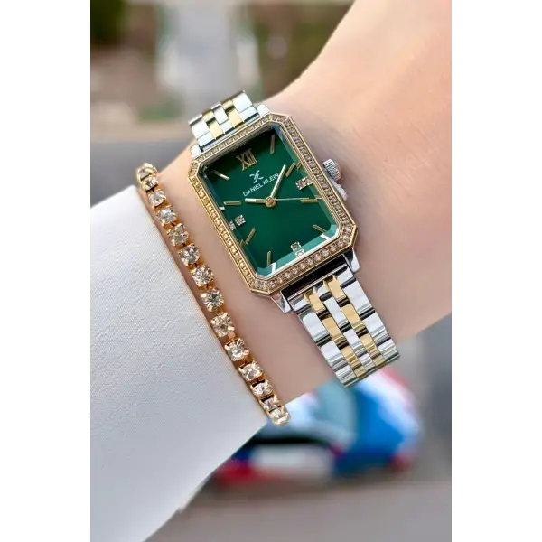 Kadranı Yeşil Kordonu Gold Gümüş Renk Kadın Kol Saati Ve Bileklik
