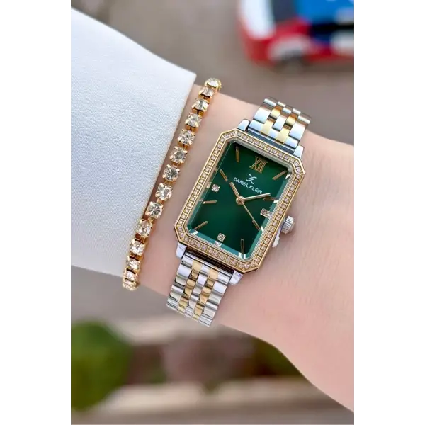 Kadranı Yeşil Kordonu Gold Gümüş Renk Kadın Kol Saati Ve Bileklik